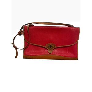Vintage Dooney & Bourke Red Pebbled Leather Shoulder Bag With Tan Trim & Brass H